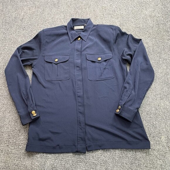 VTG 80s Liz Claiborne Blouse 6 Navy Gold Buttons Military Tailored Structured - Picture 2 of 15